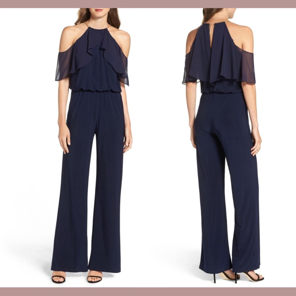 New $188 Xscape [ 2 ] Halter Cold Shoulder Ruffle Jumpsuit In Navy Blue